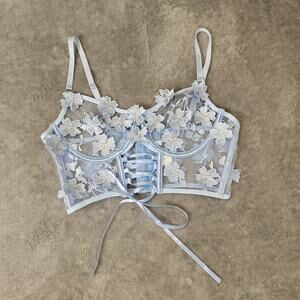 Floral Lace Corset Top M Blue Mesh Embroidered Coquettecore